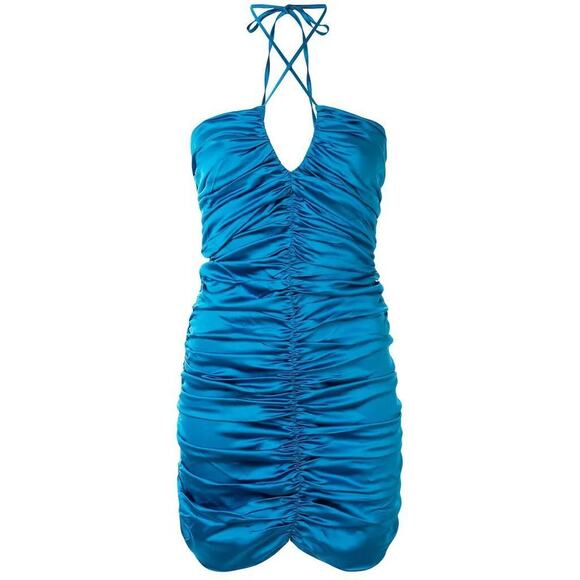 Georgia Alice NWT Blue Metallic Halterneck Ruched Mini Dress Size 2